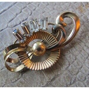 Retro Gold Filled Baguette Rhinestone Brooch Pin Van Dell 1/20 12k GF Signed Vtg